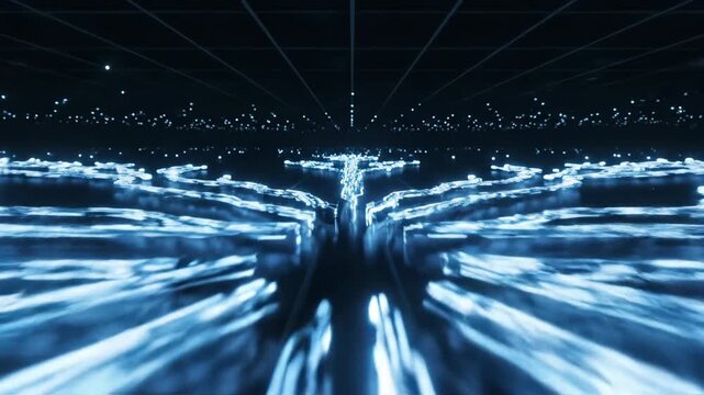 Distributed network architecture showing glowing paths branching, representing network distribution with high-speed data transmission.