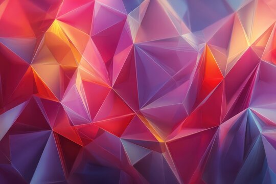 Abstract triangular structure shimmers with orange, pink, purple, and blue hues, creating a geometric and colorful mosaic pattern
