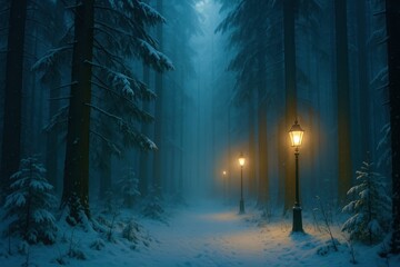 A snowy forest path with two lit lanterns