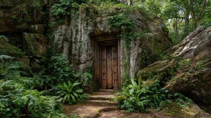 Obraz premium Ancient wooden door carved into rock face. Lush greenery surrounds 