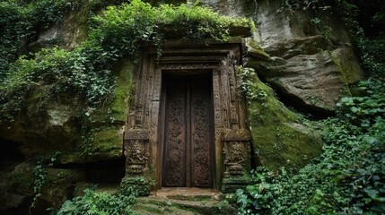 Naklejka premium Ancient wooden door carved into rock face. Lush greenery surrounds 