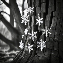 A tree with a few snowflakes hanging from it