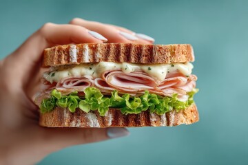 Holding vegetarian sandwich with dark bread, lettuce, tomato, and mayonnaise on brown background for healthy eating and delicious taste