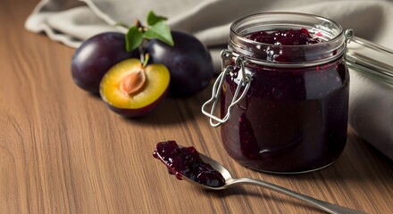 Fresh plum jam in an open jar with whole and halved plums on a rustic wooden table for homemade preserves concept and natural sweetness
