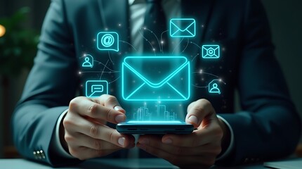 Businessman holding smartphone with glowing email and communication icons