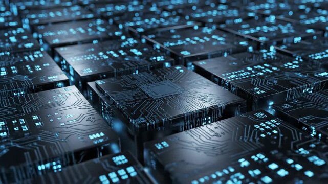 Rectangles illuminate to symbolize block verification in this dynamic tech scene, representing advanced systems. Block verification shown as one rectangle temporarily brighter than others,