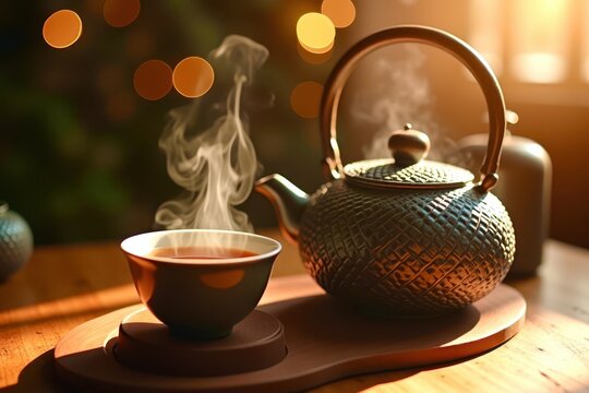 A teapot with steam coming out of it sits on a table next to a cup