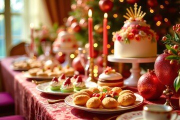 A table is set with a variety of desserts, including cakes, pastries, and fruit