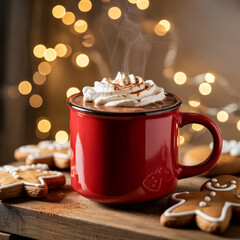 Delicious hot cocoa beverage with marshmallows and a cup of sweet coffee for a cozy Christmas breakfast