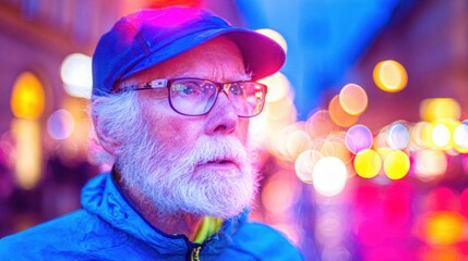 Elderly man enjoying a vibrant city street in evening light
