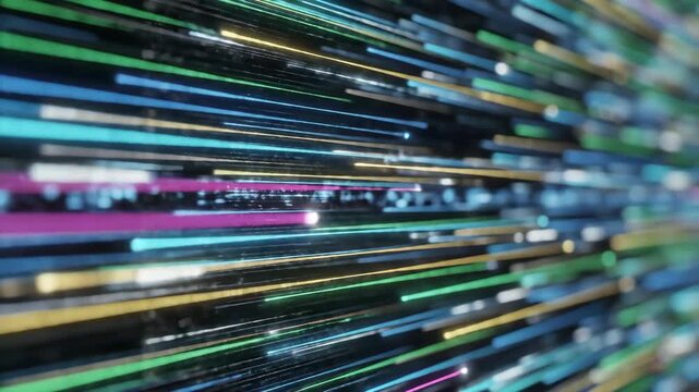 Showing glowing lines, macro shot captures data streams and horizontal arrays. Glowing lines in vivid colors scroll to indicate data movement and processing.