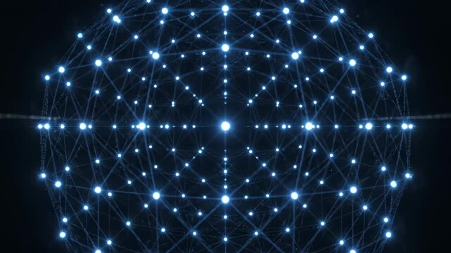 Macro shot blockchain node consensus with multiple small flashing nodes arranged in synchronized pattern. Blockchain node consensus presents coordinated activity of digital network.