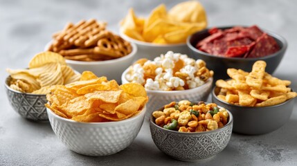 Assorted snack bowls on a light gray surface Variety of salty snacks in small bowls