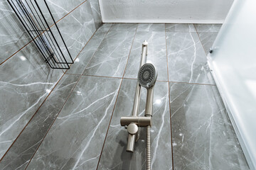 handheld shower head mounted on adjustable rail with corner shelf and detachable hose, brushed metal finish and versatile bracket, practical bathing solution for family and accessible bathrooms