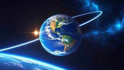 Earth orbiting in space with a glowing blue ring and starburst