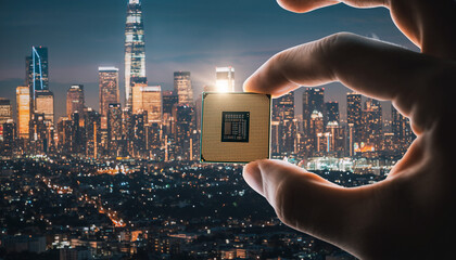 Hand holding a gleaming microchip against a vibrant cityscape at night. Symbol of innovation, technology, and smart city development. Ideal for tech, business, or future concepts.