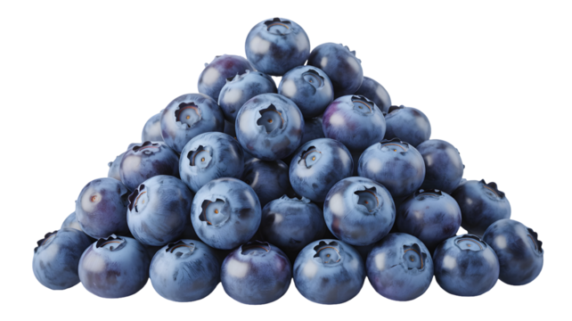 A pyramid of fresh ripe blueberries stacked in a perfect cone shape isolated on transparent background