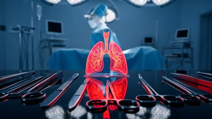 Conceptual image of human lungs and surgical instruments in an operating room.