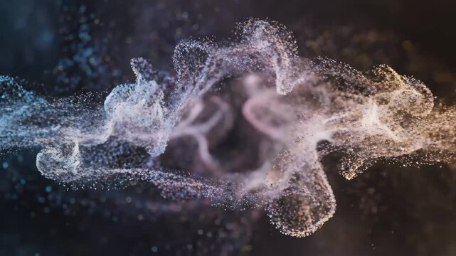 Soft particles gathering at central point in a macro view, then briefly splitting, mimicking decision processes. Soft particles flowing create stunning visual of momentary cohesion before dispersing.