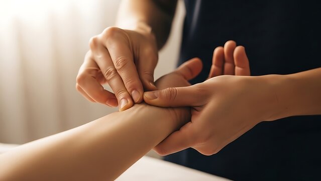 Close-up of a professional providing a relaxing hand massage and acupressure therapy.