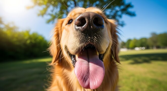 Wide angle close-up of a happy golden retriever dog panting with tongue out in a sunny park for pet joy concept and playful summer activity