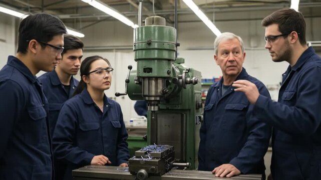 Instructor guides diverse students in a workshop on machining techniques with a milling machine