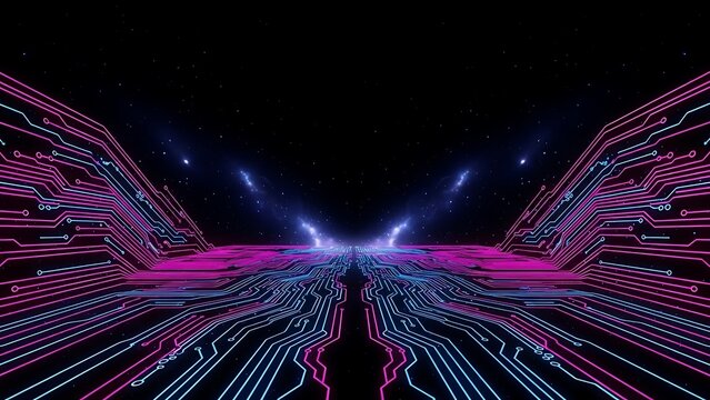 Futuristic digital circuit board lines with glowing neon pathways in a cosmic void.