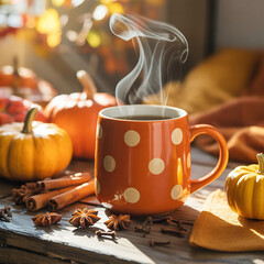 Hot brown espresso in a vintage mug with sweet cinnamon sticks on a cafe table