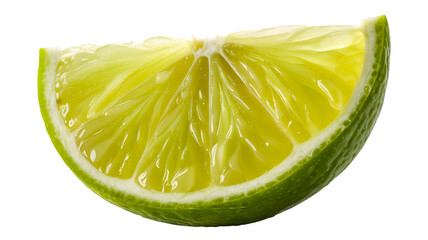 A single vibrant green lime wedge with visible pulp and seeds isolated on transparent background