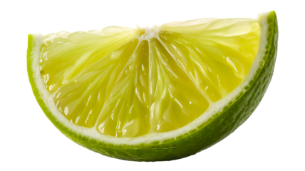 A single vibrant green lime wedge with visible pulp and seeds isolated on transparent background
