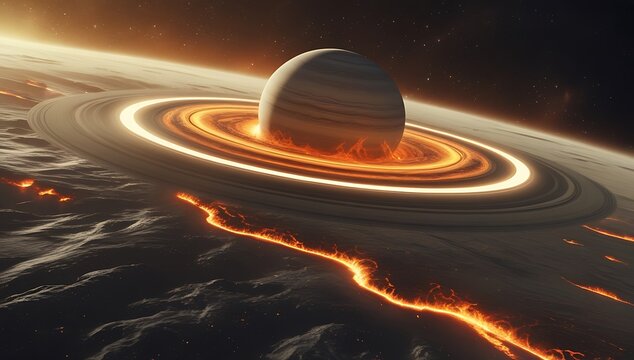 Alien ringed planet with glowing lava surface and cosmic atmosphere