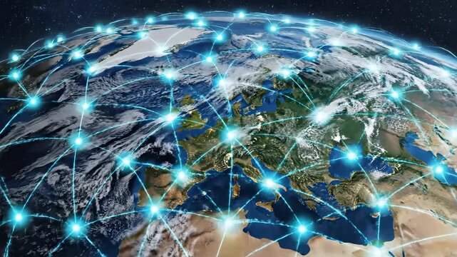 Global network hubs shimmer over Earth&rsquo;s surface, their pulsing nodes representing global network hubs in connected regions.