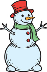 Cartoon snowman with red hat green scarf and carrot nose smiling with arms outstretched winter character