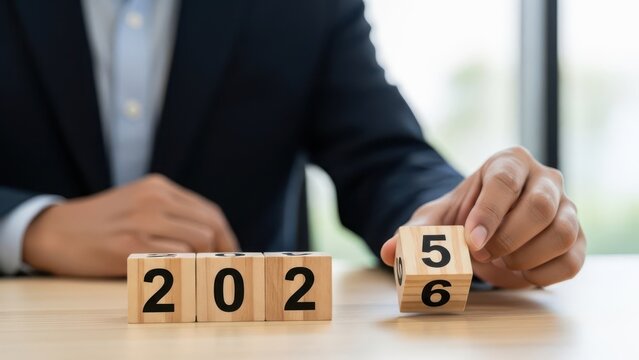Businessman turning wooden blocks from 2025 to 2026 symbolizing future planning and new year transition