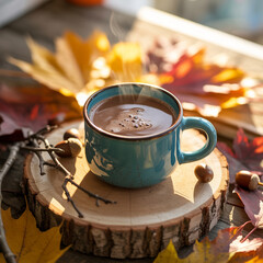 Hot espresso beverage in a white mug with cinnamon and autumn leaves on a brown cafe table for a morning breakfast drink