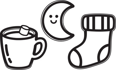 Simple black and white line art illustration of a happy crescent moon a mug of hot chocolate with marshmallow and a striped stocking