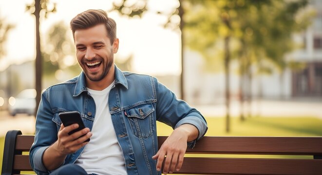 Young handsome man laughing heartily while looking at his phone screen on a park bench for digital entertainment concept and casual outdoor leisure