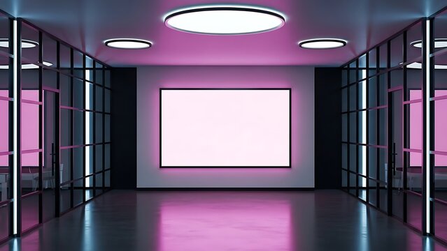 A modern office interior with a blank display screen and neon lighting.