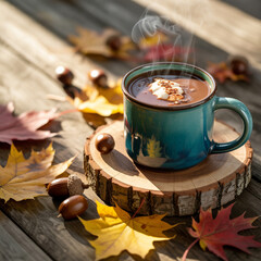Hot black coffee mug with cinnamon aroma, autumn leaves, and sweet dessert breakfast