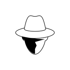 Illustration of a person wearing a fedora hat with a partially shaded face in black and white style
