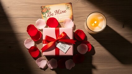 Romantic gift box with rose petals and candlelight