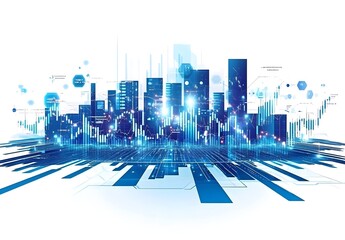 Abstract digital visualization of financial market data with glowing charts and graphs representing global economic trends and technological advancements in a futuristic blue and pink neon light