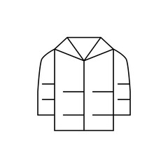 Illustration of a winter coat with a geometric hood and horizontal lines representing pockets and seams