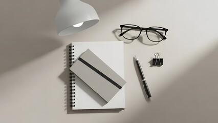 Minimalist workspace with notebook glasses and pen in soft light