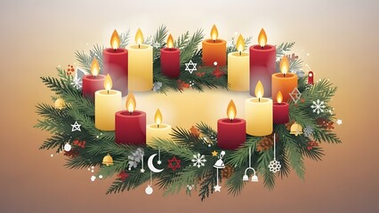 Festive advent wreath with burning candles for christmas celebration
