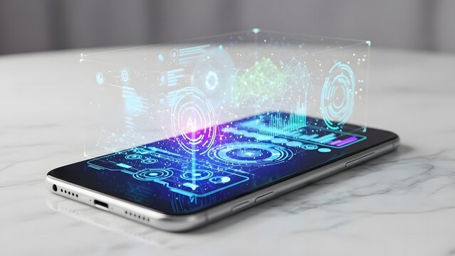 Smartphone displaying digital interface with glowing binary code overlay - Powered by Adobe