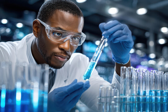 Scientist analyzes blue liquid in test tube