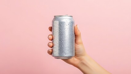A hand holding a cold, wet aluminum beverage can against a pink background.