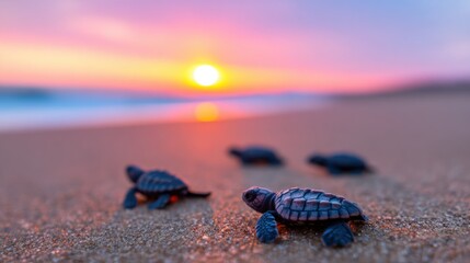 Baby sea turtles making their way to the ocean at sunset on a sandy beach