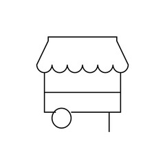 A simple line drawing of a market stall on wheels with a scalloped awning against a white background